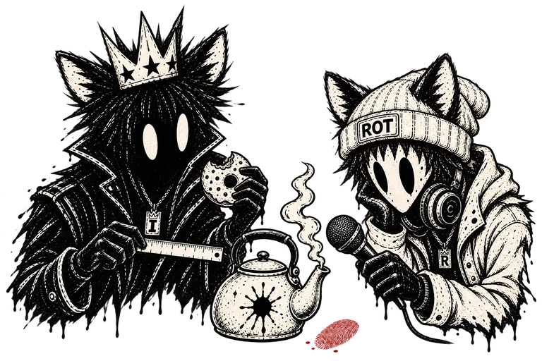 Ink measures a bitten doughnut while Rot interviews a steaming kettle.