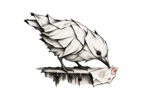 A small bird with ragged folded-paper feathers touches a red stamp corner with its ink-stained beak on a worn duct ledge.