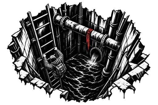 A resident climbs a battered ladder beside a pipe and rising runoff in a narrow maintenance shaft.