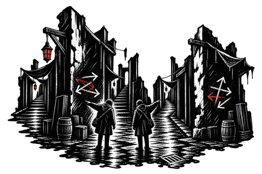 Two Nocturn residents point down different alley turns beside conflicting route marks at an absent boundary.