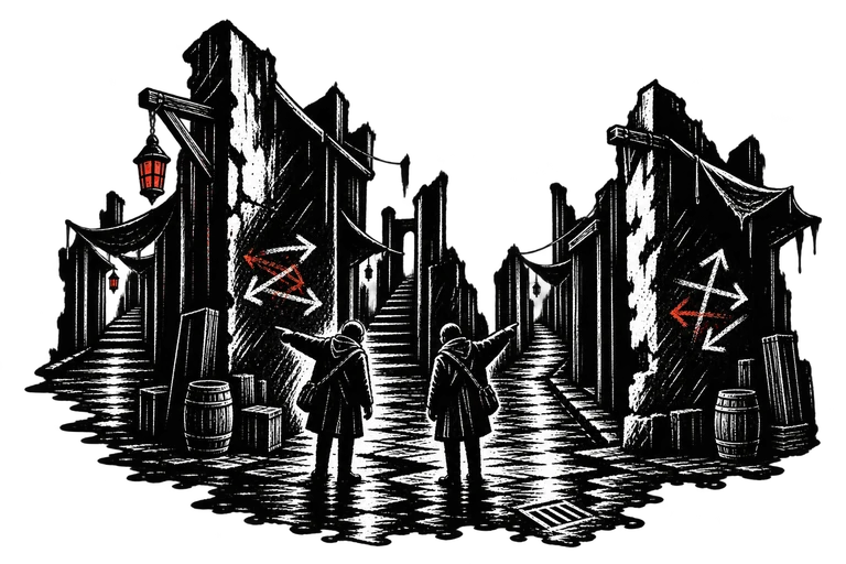 Two Nocturn residents point down different alley turns beside conflicting marks at a missing boundary.