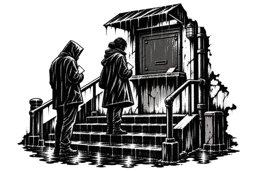Two residents wait on wet steps beneath a closed service hatch, holding papers; a small receipt rests on the ledge.
