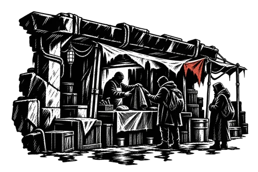 A repaired coat is passed across a market counter beside tools and a loaf beneath a low canopy.