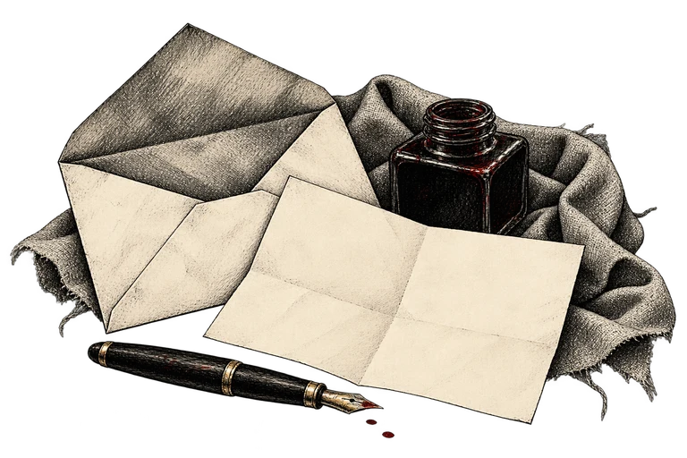 An envelope, folded note, pen and ink bottle beside packing cloth.