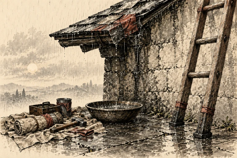A patched roof joint, tools, catch bowl and ladder beside wet masonry.