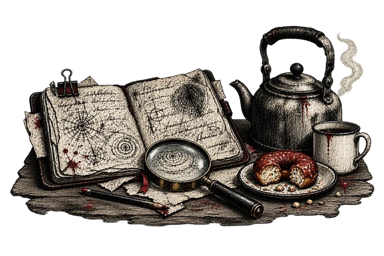 A notebook, magnifying glass, kettle and bitten doughnut on a desk.