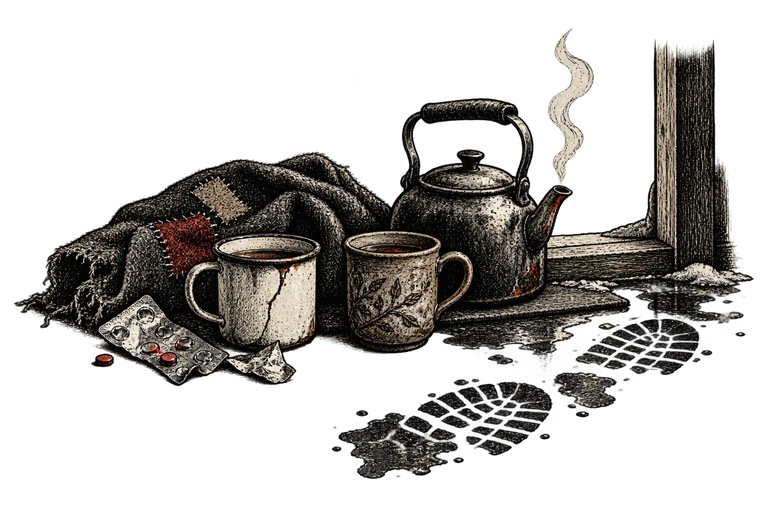 Two mismatched cups, medicine wrapping, patched cloth and a kettle.