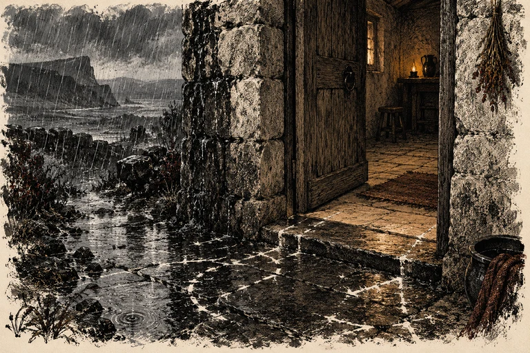A rain-dark doorway separates wet stone from a sheltered interior.