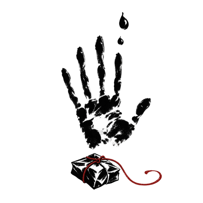 A medicine parcel, red guide cord, and broken handprint beside rising water.