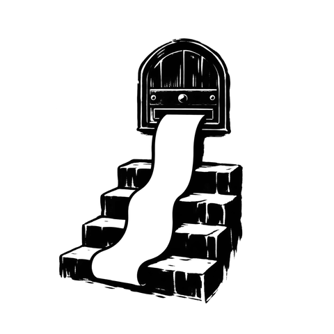 A blank receipt unrolls from a closed clerk hatch down a flight of steps.