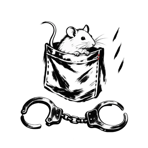 Inky, a small white rat, peers from a worn coat pocket above a pair of open handcuffs. A red stitch marks the pocket.
